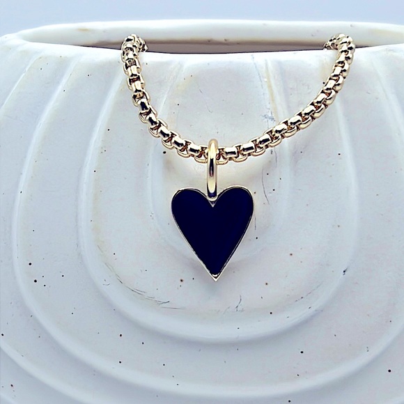 10K Gold Plated Italian Box Chain Bracelet w/Black Enamel Heart Charm - NWT - Picture 1 of 3